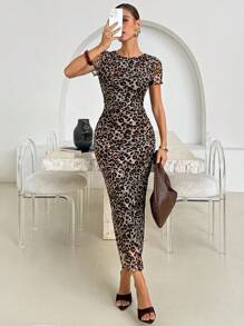 Lavishia Women Leopard Print Round Neck Short Sleeve Bodycon Midi Dress, Fashion,Cheetah Print Dress - Multicolor - View 6