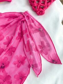 SHEIN Tween Girl 3 件套：纯粉色针织比基尼上衣和花卉印花裙，休闲海滩度假 - 玫紅色 - 查看 6