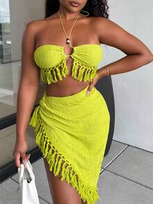 Alexandranx 流苏装饰纹理针织面料吊带上衣和不对称下摆裙子套装打造性感海滩度假造型 - 綠色 - 查看 3