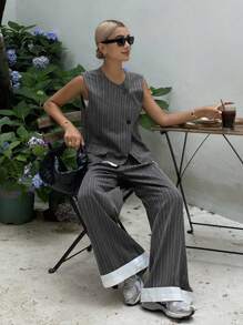DAZY 2 件套女士夏季撞色条纹背心和裤子两件套休闲套装 - 灰色 - 查看 5