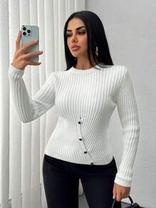 EURMUSE Women Solid Color Rib Knit Round Neck Button Detailed Pullover,Jumper,Cream Jumper,Jumpers,Black Jumper,Womens Jumper,White Jumper,Women's Jumper,Women's Jumpers,Winter Clothes - Cream - View 4