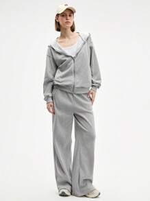 SHEIN Sports 女士灰色长袖拉链卫衣，休闲舒适 - 淺灰色 - 查看 6