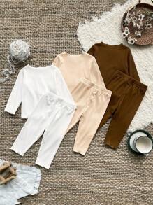 SHEIN Baby Girls Newborn-3 Years Outfit,Brown And White,Autumn,Modest,Family Matching Striped Knitted Heart-Shaped Embroidered Long Sleeve Top&Pants Set - Multicolor - View 2