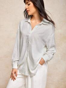 House of One Linen Blend Long Sleeve Loose Shirt Women Summer Casual Old Money Vacation White Shirt Summer Shirts Woman Fall Women Clothes Office Old Money Outfits For Women Fall Outfits Business Professional Women Business Casual Woman