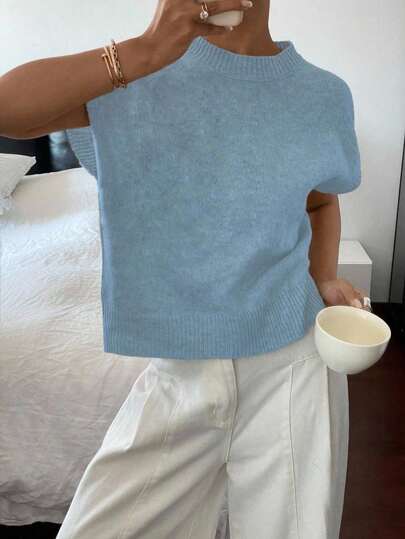 Siren Gaze Women's Loose French Style Sleeveless Casual Short Sleeve Knit Top, Versatile For Daily Wear Fall Tops,Knitted Sweater Summer Casual Blue