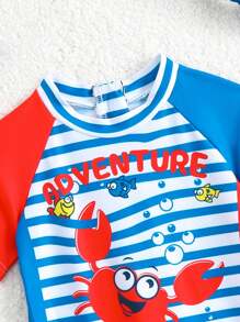 SHEIN Baby Boys' Summer Cartoon Lion Print Short Sleeve One-Piece Swimsuit With Sun Hat, Vacation Style