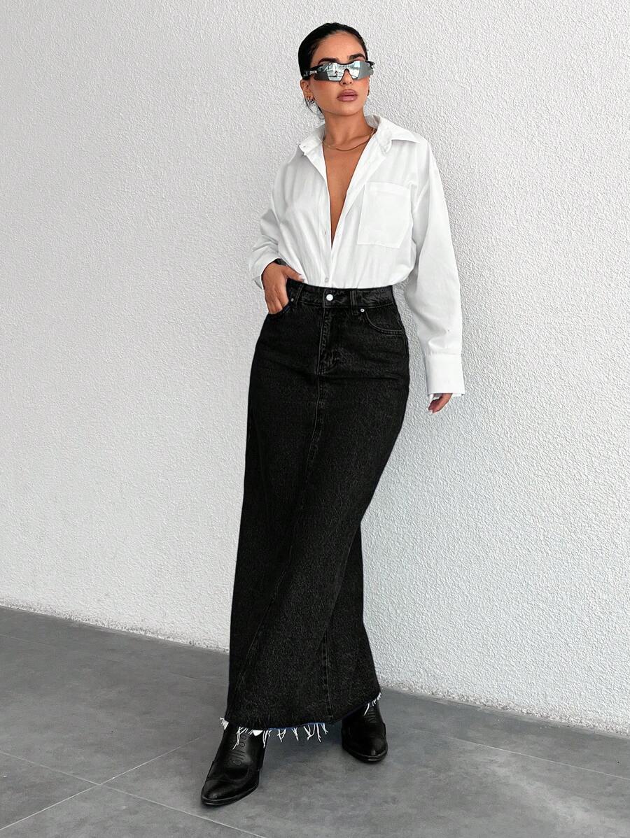 Women Long Casual Denim Skirt - Black - View 1