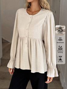 Easowa 女士亚麻休闲宽松衬衫，纽扣半襟，荷叶边下摆，复古风格冬季老式风格办公室外出上衣，休闲秋季商务休闲老式风格女士机场商务休闲灯笼袖端庄娃娃衫 - 杏色 - 查看 7