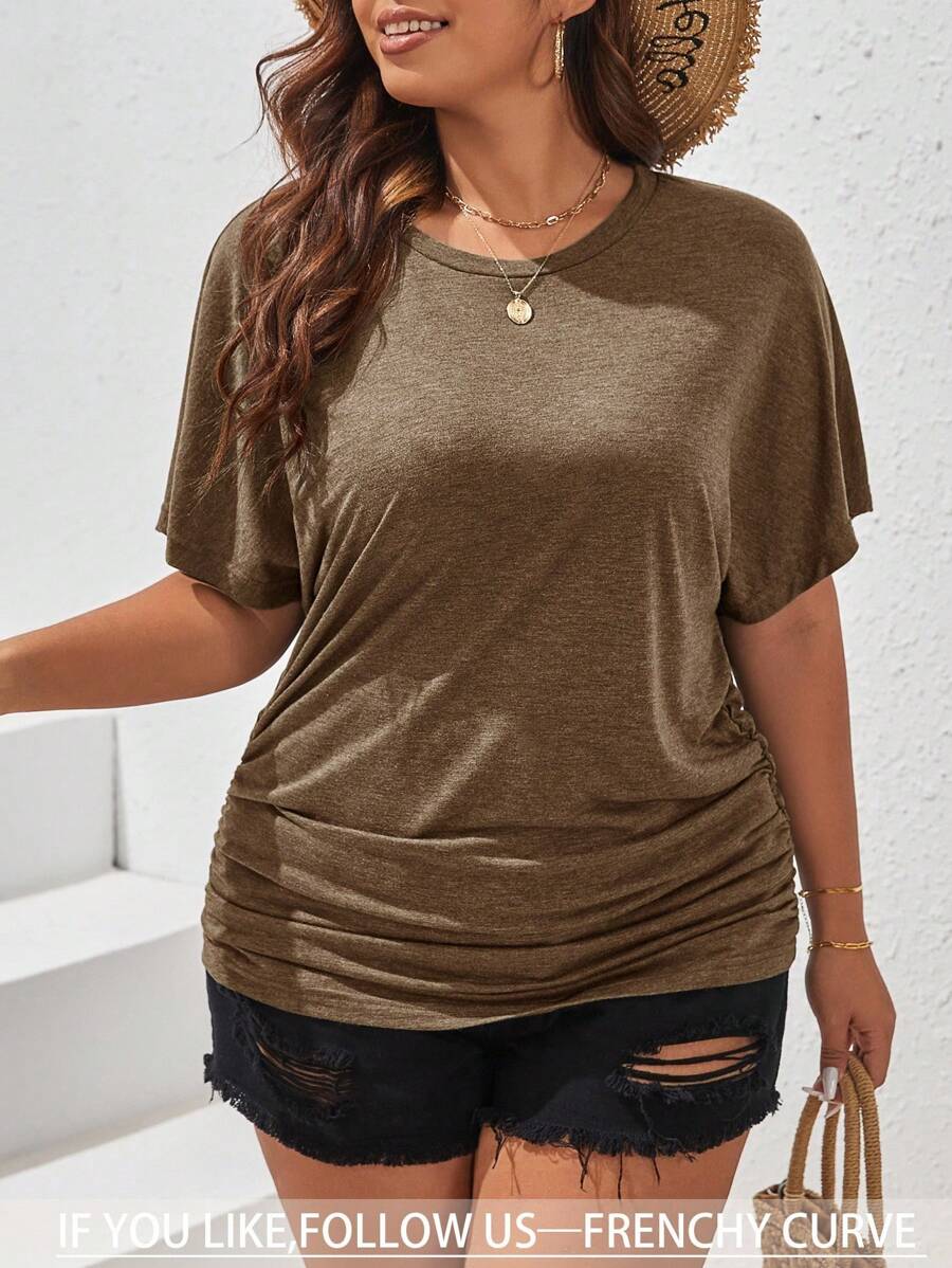 SHEIN Frenchy Women Plus Size Solid Color Round Neck Batwing Sleeve Pleated Casual T-Shirt, Summer,Holiday Outfits For Women