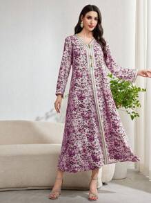 Al Najma 女式花卉印花拼接丝带长袖阿拉伯连衣裙 - 彩色 - 查看 5