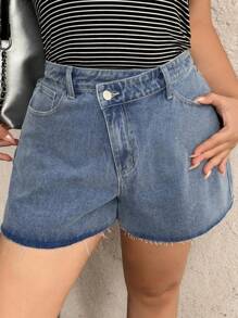 Dazy Plus Faded Blue Washed Denim Straight Leg Shorts With Slanted Placket, Summer Jorts - Light Wash - View 4
