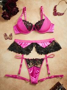 Bộ đồ lót 5 món thêu lưới màu khối cho nữ cỡ lớn và quần lót, có gọng - Màu Hồng Tươi - Xem 6