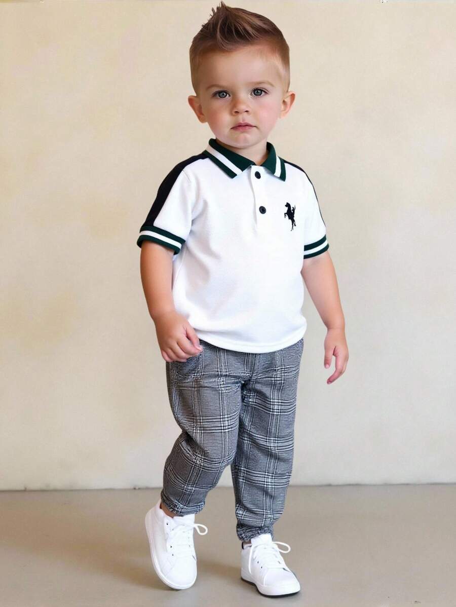 TaviRue 2 件套男婴可爱都市校园休闲短袖 Polo 衫和松紧腰格子裤套装，适合生日派对、晚会、表演、婚礼、迎婴派对、洗礼、1 岁生日