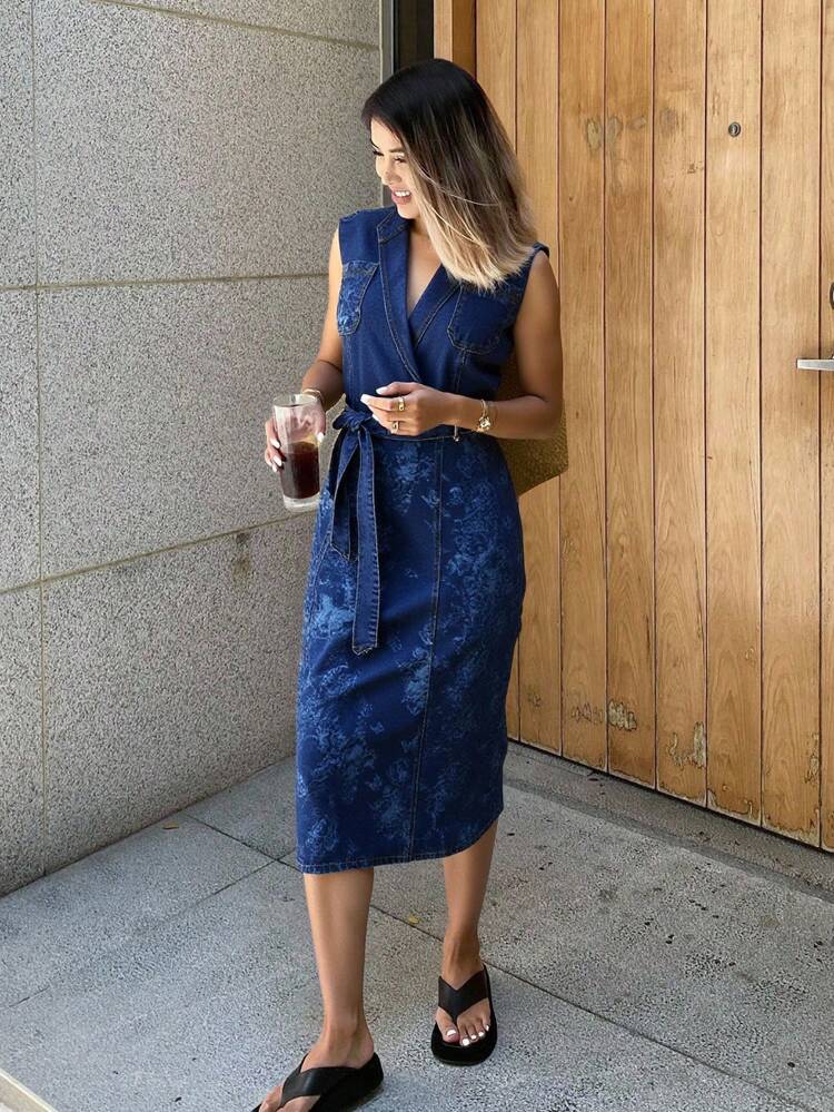 Summer Plus Size Loose Sleeveless Floral Print & Embroidery Butterfly Long Dress With Waist Belt Dress
