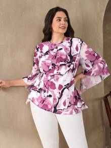 SHEIN Clasi 大码宽松休闲时尚印花女式衬衫，秋季简约复古韩版教师机场旅行复古女式复古教师秋季大码商务休闲女式曲线乡村音乐会波西米亚风衬衫 - 彩色 - 查看 7