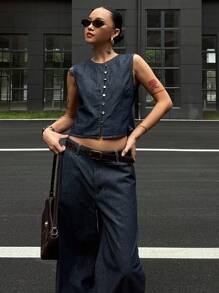 DAZY 2 piezas Conjunto casual de mujer con top sin mangas y pantalones anchos de mezclilla para uso al aire libre - Azul - Ver 4