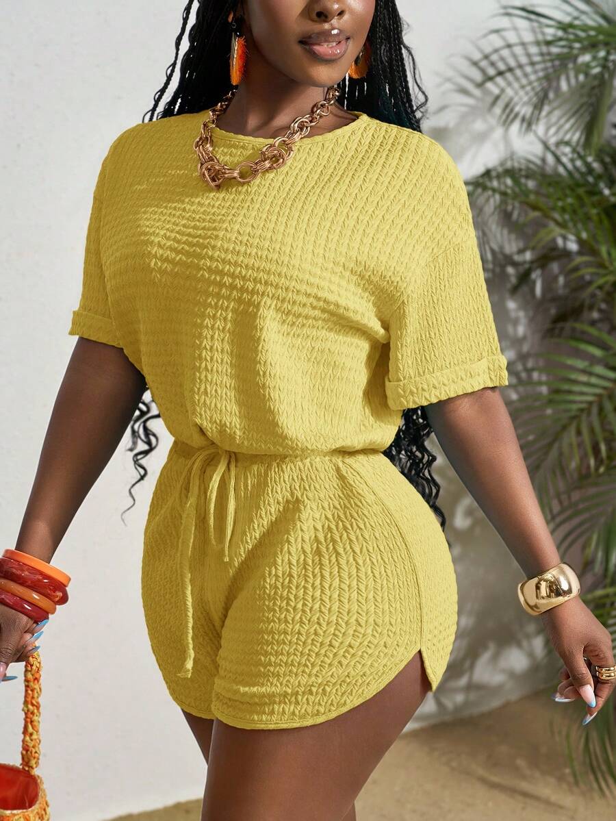 Slaydiva Nuevo estilo de primavera y verano casual básico de vacaciones, parte superior suelta con cuello redondo, hombros caídos, mangas cortas, puños, bajo con cordón y shorts ajustados de borde curvo, trenzados y arrugados, de color azul y gris