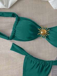 Swim Chiccia Solid Color Triangle Cup Metal Sun Decor Bikini Set For Summer Beach Vacation - Teal Blue - View 5