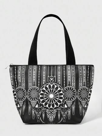 Goth Gothic Style Black Printed Fashion Insulated Lunch Bag, Large Capacity & Portable