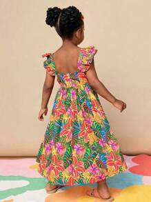 CutesyCutie Young Girl Woven Ditsy Floral Square Collar Ruffle Hem Casual Dress Hawaiian Dress For Girls Kids Vacation Dress Tropical Dress For Girls Girls Summer Dress Kids Luau Dress - Multicolor - View 2