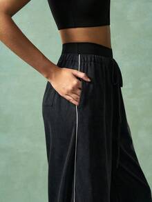 VARSIVA 女式休闲抽绳腰阔腿运动裤，日常穿着 - 黑色 - 查看 8