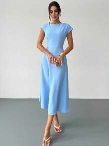 Firerie 女式蓝色 V 领荷叶边腰 A 字中长连衣裙，优雅复古连衣裙，春夏服装，通勤，优雅，工作装，母亲节 - 藍色 - 查看 8