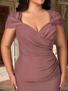 Aureia Plus Size Summer Elegant Romantic Lotus Pink Sweetheart Neckline Back Sleeves Gathered Slim Fishtail Hem Suitable For Dinner Bachelorette Party Date Dance Holiday Wedding Event Bride Bridesmaid Dress - Dusty Pink - View 5