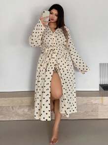 Dazy Plus 大码女式长款花卉印花系腰睡袍，大码家居睡衣，适合秋季穿着，舒适服装