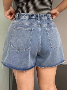 Dazy Plus Faded Blue Washed Denim Straight Leg Shorts With Slanted Placket, Summer Jorts - Light Wash - View 2