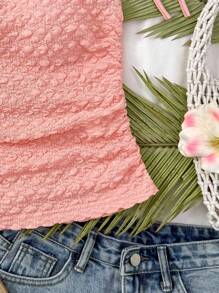 SHEIN Teen Girls Vacation Beige Knitted Fabric Puff Sleeve Asymmetrical Neck Bowknot Waist Ruched Fitted Crop Top, Suitable For Party, City Street, Beach Holiday, Spring/Summer - Coral Pink - View 6