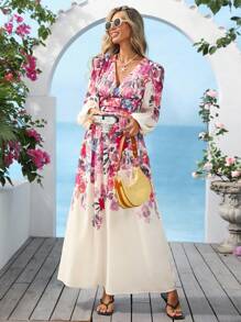 Vivid Eden 波西米亚花卉印花V领长袖连衣裙 - 彩色 - 查看 5