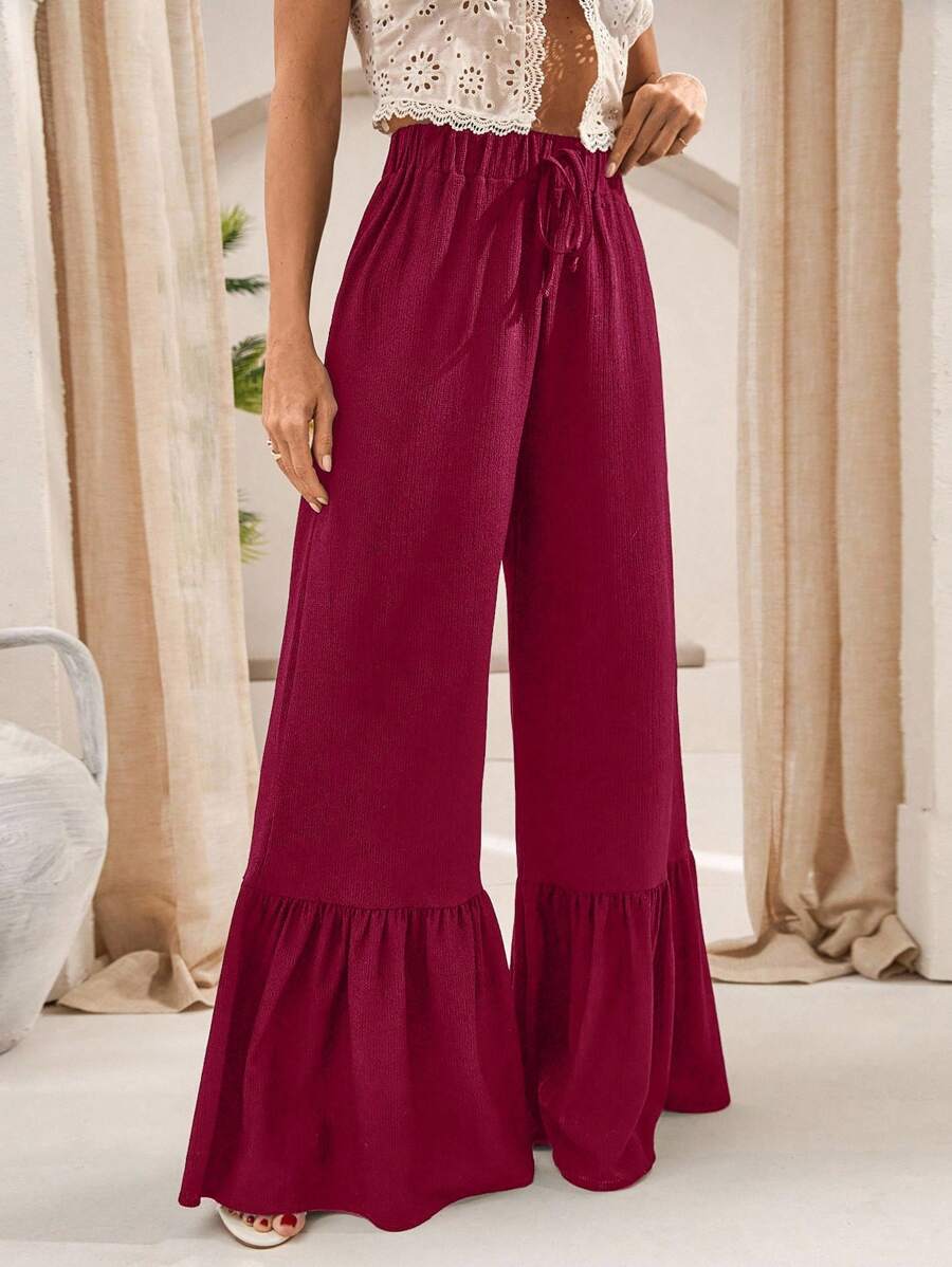 EURMUSE Elastic-Waist Black Flared Pants With Adjustable Drawstring And Tiered Ruffle Hem Detailing" - Burgundy - View 1