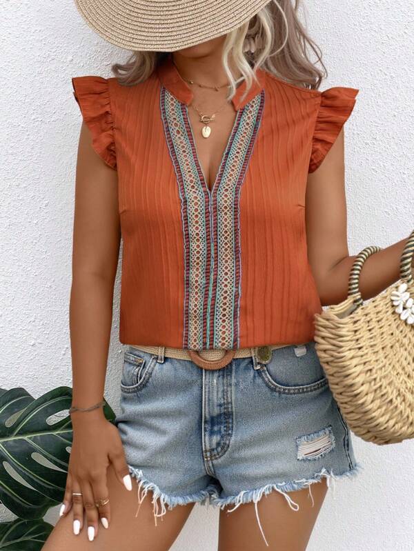 Weeklong 1pc Women Plus Size Plain Crinkle Fabric Ruffle Trim Casual Shirt, Released In July