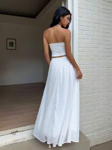 SHEIN EZwear 女士弹性腰部纯色长款休闲裙，夏季 - 白色 - 查看 2