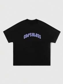 ROMWE MEN Street Life 男士蝙蝠袖印花短袖T恤，适合日常穿着，万圣节 - 黑色 - 查看 2