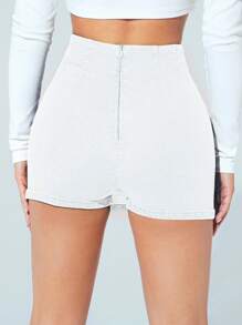 SHEIN PETITE 女士高腰纯色开摆休闲牛仔短裙 - 白色 - 查看 2