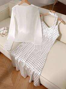 2pcs Set Elegant Commuter Polka Dot Print Shirt & Slip Dress Fall Cloth For Women