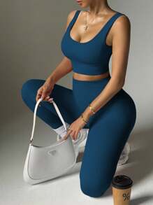 Easithlete 2 件套无缝高弹力瑜伽套装运动服健身套装罗纹背心收腹紧身裤健身女士套装 - 水鴨藍 - 查看 3