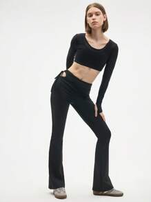 Eassivo Eassivo Women's Black High-Rise Flared Leggings Pants Low Impact Yoga Daily - Black - View 7