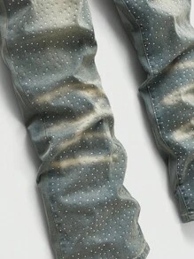 ROMWE MEN Street Life 男士时尚水钻装饰口袋休闲牛仔裤 - 淺色水洗藍 - 查看 4