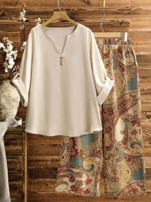 Lacomfia 女式可调节袖口圆领纯色衬衫和印花直筒裤休闲大码套装