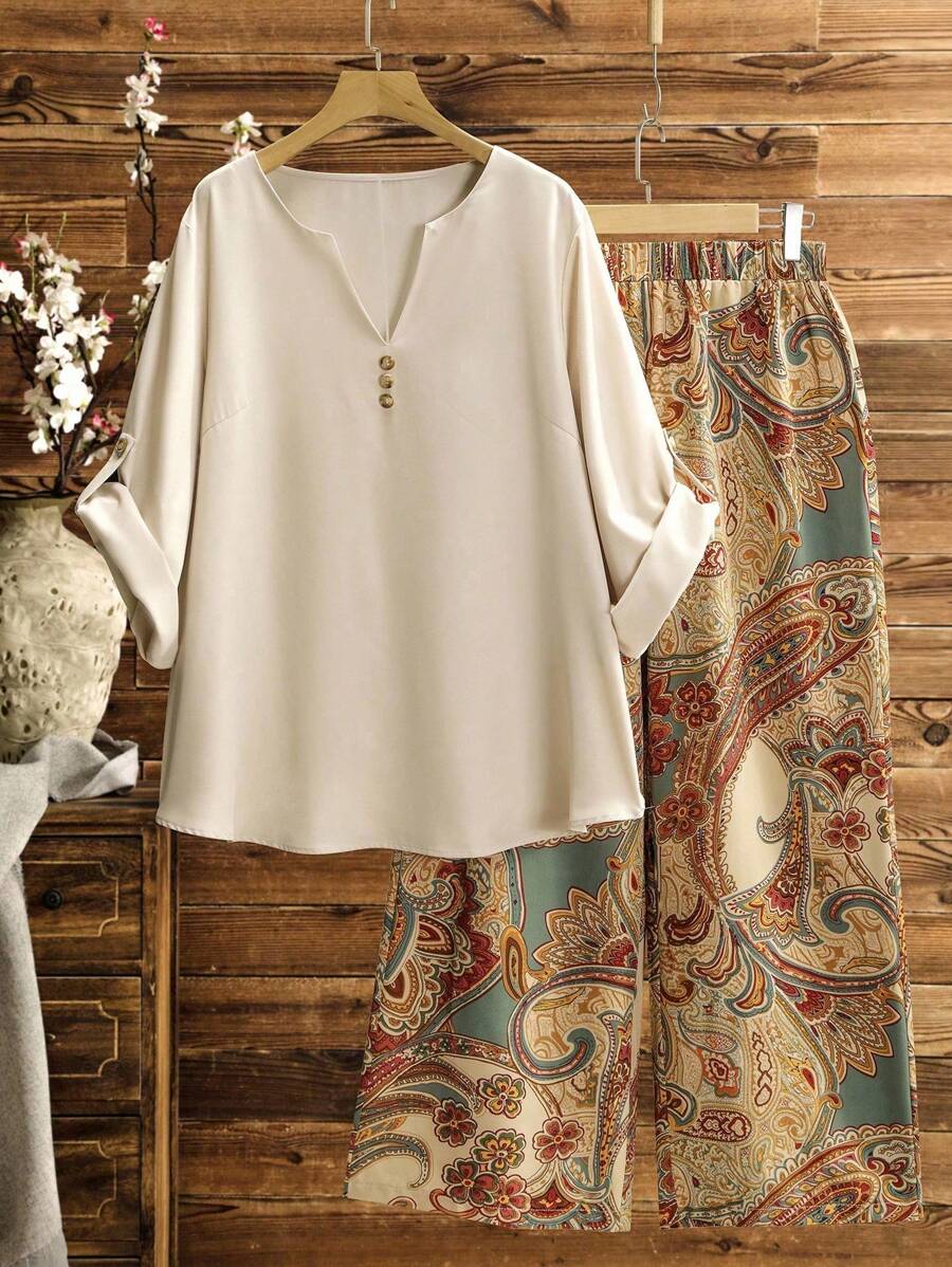 Lacomfia 女式可调节袖口圆领纯色衬衫和印花直筒裤休闲大码套装