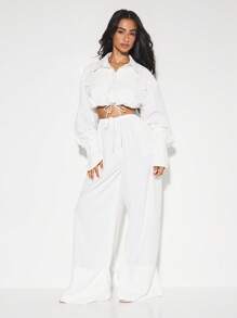 KIZN Loose Fit Drawstring Crop Button Down Office Workwear Long Sleeve Shirt Modern Professional Tailored Utility Pockets Spring Fall Everyday Essentials - White - View 4