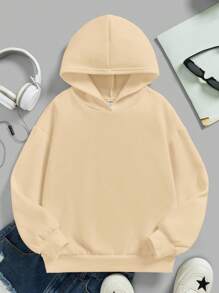 Tween Girls' Casual Long Sleeve Hooded Thick Sweatshirt, Suitable For Autumn/Winter - Beige - View 2
