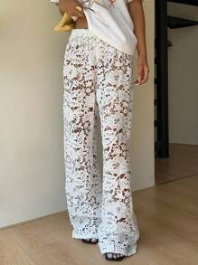 SHEIN EZwear Women's Elastic Waist Floral Lace Pants, Loose Casual Trouser