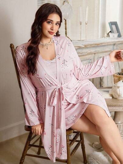 CottageSlumber Plus Size Pajama Set - Ditsy Floral Knit Slip Dress With Lace Trim And Contrast Cardigan, Suitable For All Seasons  Cozy And Elegant Details, Fall Clothes Outfits