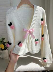 Comfortcana Damen Große Größen Lässig 3D Blumen leichte Strickjacken, Herbst/Winter