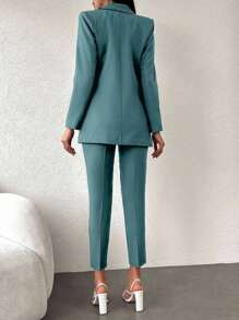 EURMUSE Women's Solid Color Double-Breasted Long Sleeve Jacket And Pants Suit Set - Mint Green - View 2