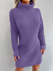 EURMUSE Solid Colored High Neck Drop Shoulder Sweater Dress Without Belt - Mauve Purple - View 3