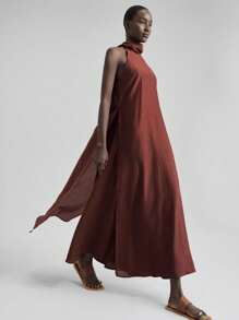 Ontre 2025 秋季新款女士长款连衣裙，围巾式领口和喇叭形，无袖二合一极其优雅的风格，包含醋酸纤维和亚麻，天丝材料，女士优雅连衣裙，度假连衣裙，极简主义连衣裙，休闲连衣裙，夏威夷风格秋季连衣裙